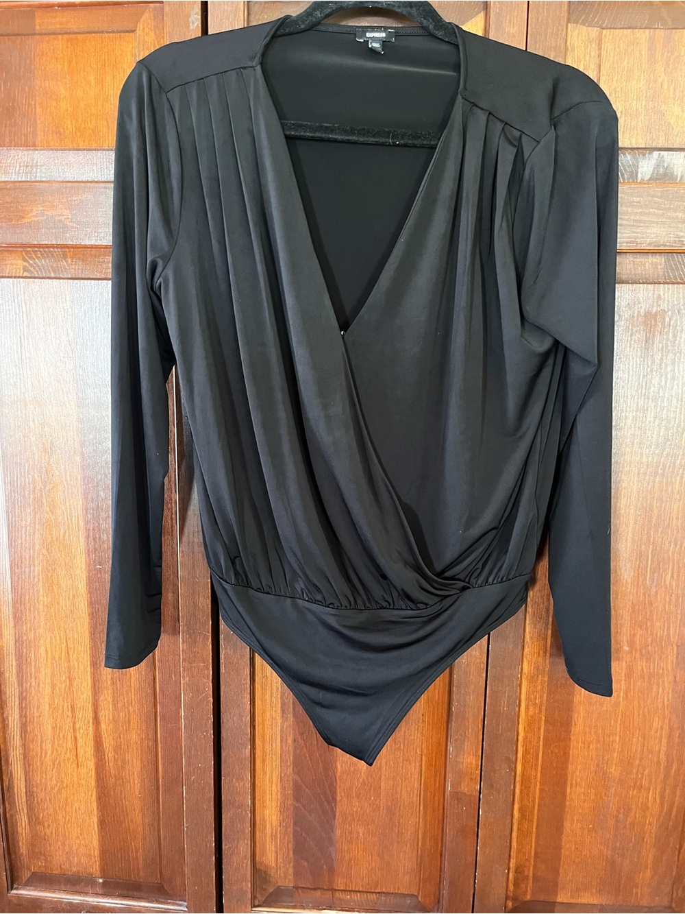 Express Black Long-Sleeve Surplice Pleated Bodysuit